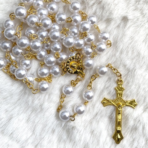 8mm White Pearl Gold Cross Full Rosary 55cm