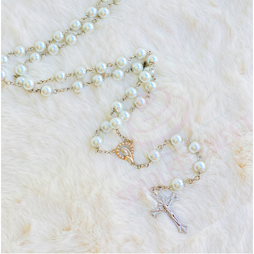 8mm White Pearl Silver Cross Full Rosary 55cm