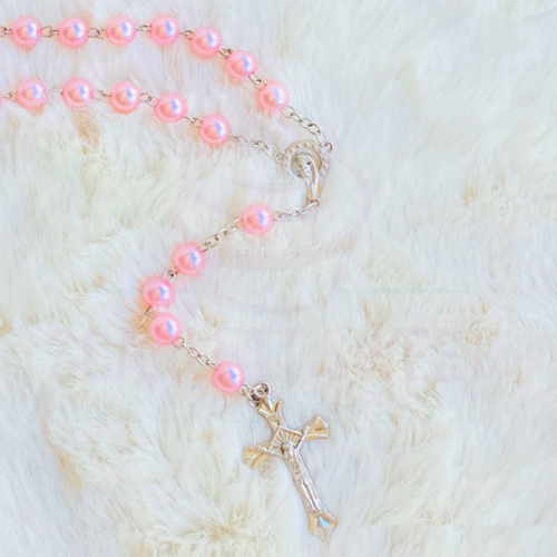 8mm Pink Pearl Silver Cross Full Rosary 55cm