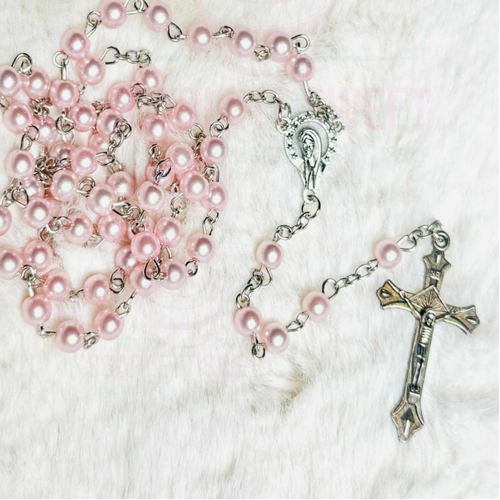 6mm Pink Pearl Silver Cross Full Rosary 52cm