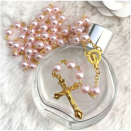 8mm Blush Pearl Gold Cross Full Rosary 55cm X