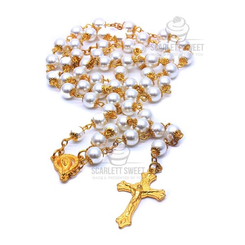 8mm White Pearl Gold Cross Full Rosary 57cm