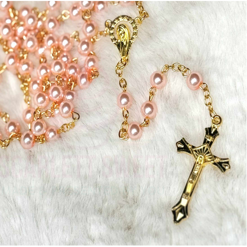6mm Pink Pearl Gold Cross Full Rosary 52cm
