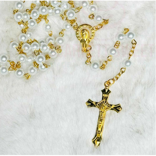 6mm White Pearl Gold Cross Full Rosary 52cm