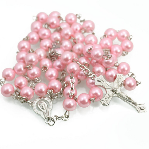 8mm Blush Pearl Silver Cross Full Rosary 55cm X