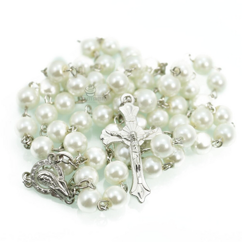 8mm White Pearl Silver Cross Full Rosary 55cm X