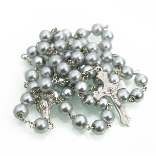 8mm Silver Pearl Silver Cross Full Rosary 55cm X