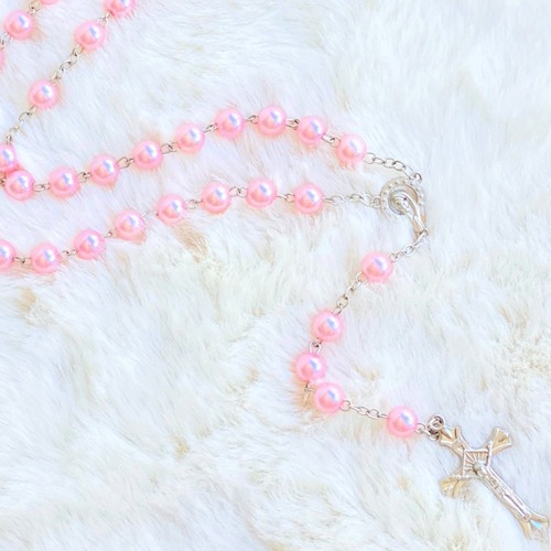 8mm Pink Pearl Silver Cross Full Rosary 55cm