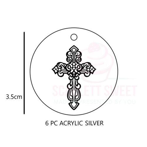 3.5cm 6PC Silver Fancy Cross Acrylic Tag