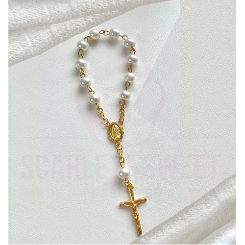 6mm White Pearl Gold Cross Baby Bracelet Rosary