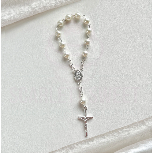 6mm White Pearl Silver Cross Baby Bracelet Rosary
