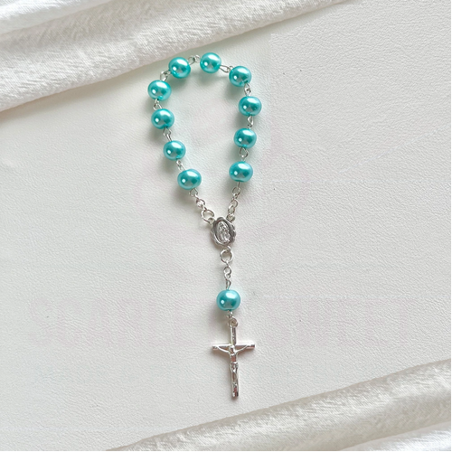 6mm Blue Pearl Silver Cross Baby Bracelet Rosary