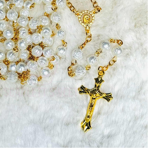 8mm Rose Bead Gold Cross Full Rosary Round Box
