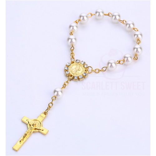 Diamond White Pearl Gold Cross Bracelet Rosary