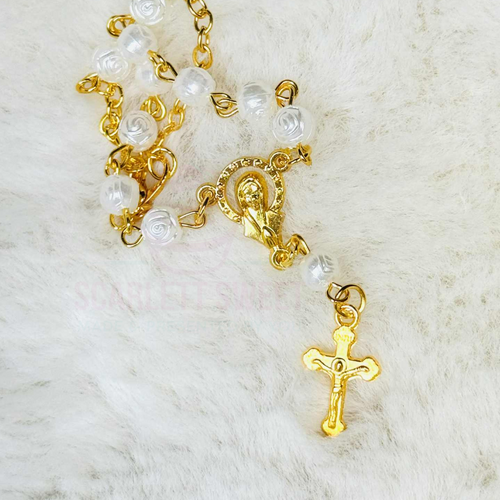 White Rose Bead Gold Cross Bracelet Rosary