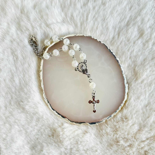 White Rose Bead Silver Cross Bracelet Rosary