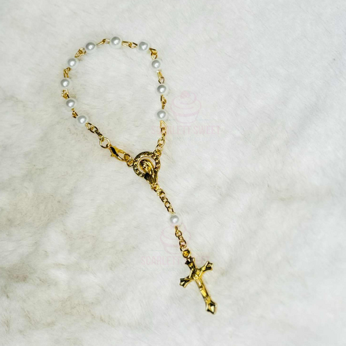 6mm White Pearl Gold Cross Bracelet Rosary